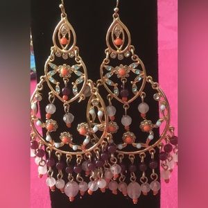 Beautiful gold filigree chandelier drop earrings with myriad multi color beads